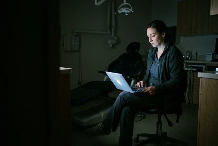 A dentist sitting on a stool in the darkened operatory at night, the laptop on her lap the only light in the room, the dental chair empty behind her.