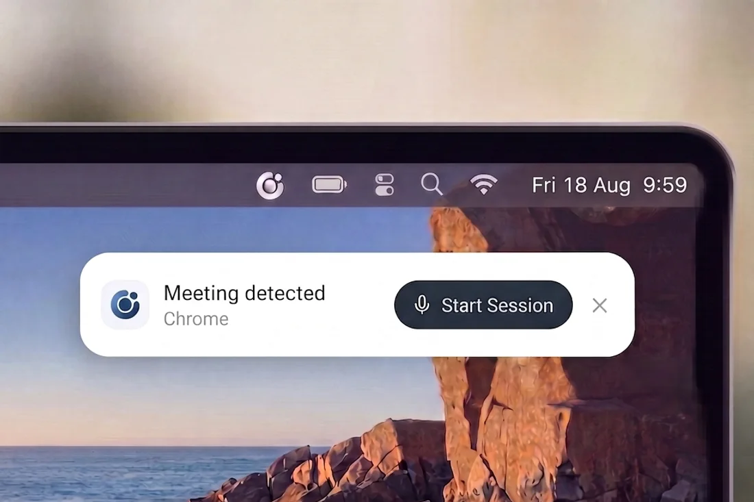 A macOS notification reading Meeting detected with a Start Session button.