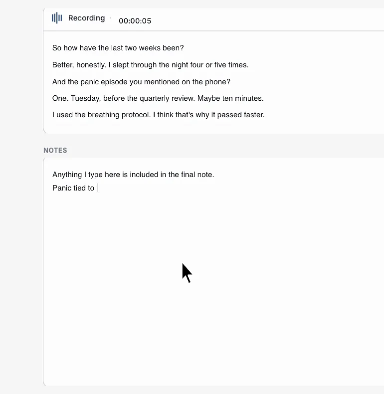 ClinicFrame recording a therapy session, with the live transcript showing the client reporting improved sleep and one panic episode, and a free-text notes field below it.