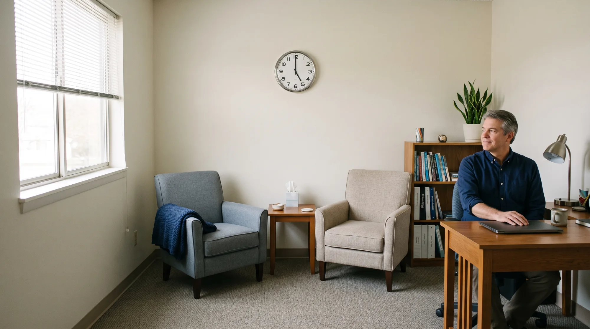 A therapist alone in his office after the last session, looking away from the laptop on his desk, with the wall clock past five.