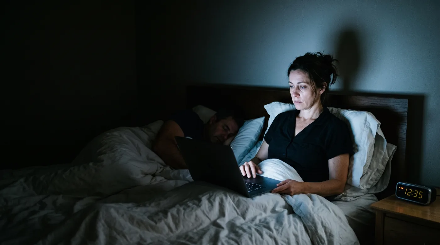 A therapist typing session notes in bed at 12:35 at night, her partner asleep beside her, the laptop the only light in the room.