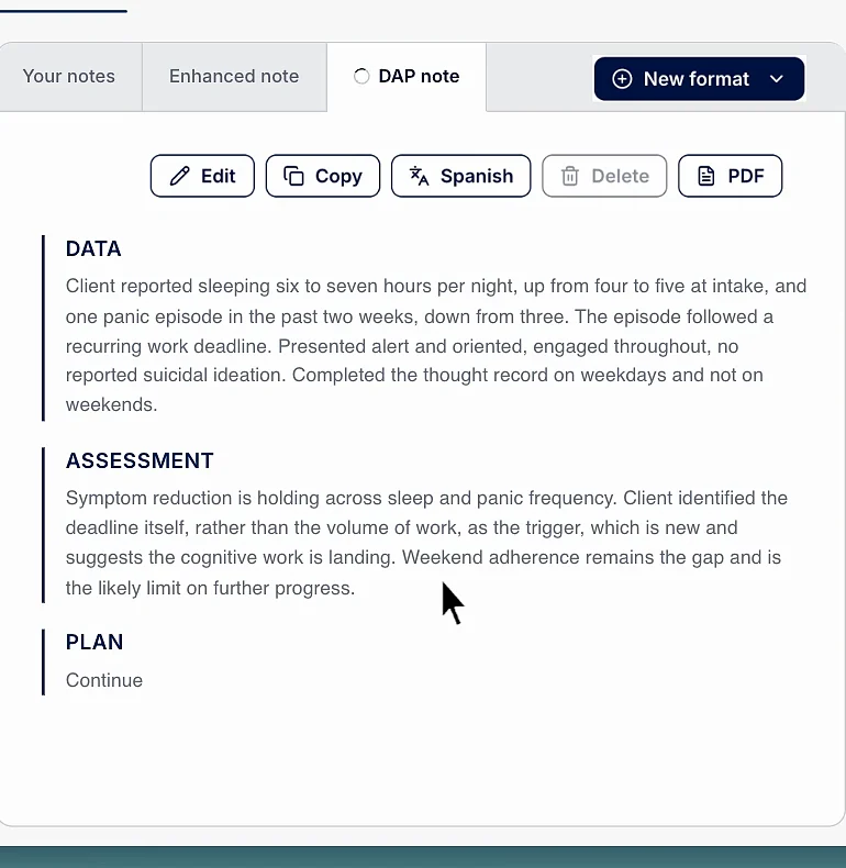 The finished DAP note in ClinicFrame with Data, Assessment and Plan written from the session, and the format tab set to DAP note.