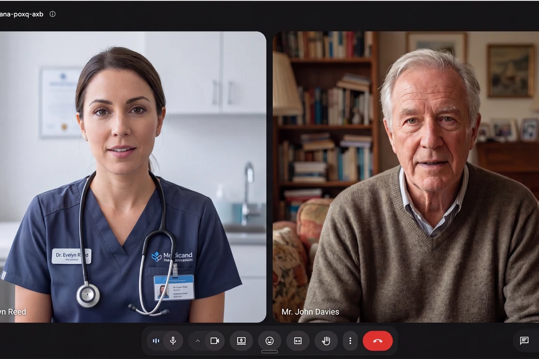 A telehealth video call between a clinician and a patient, captured quietly from the clinician's own computer.