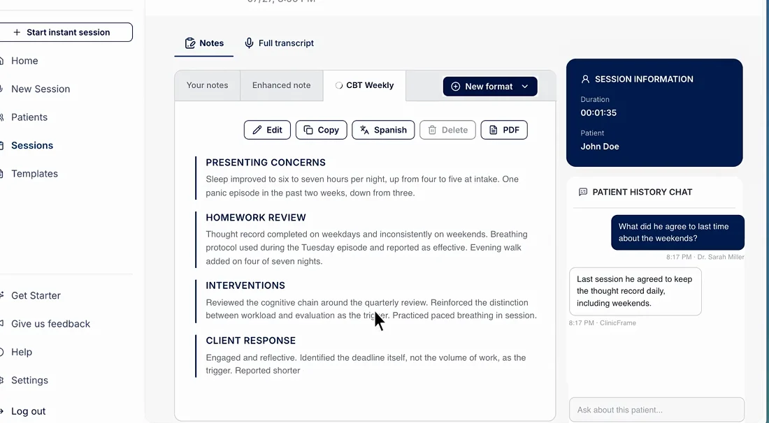 A generated progress note in ClinicFrame with the sections Presenting Concerns, Homework Review, Interventions and Client Response, describing sleep improving to six or seven hours, a thought record completed on weekdays, and paced breathing practiced in session.