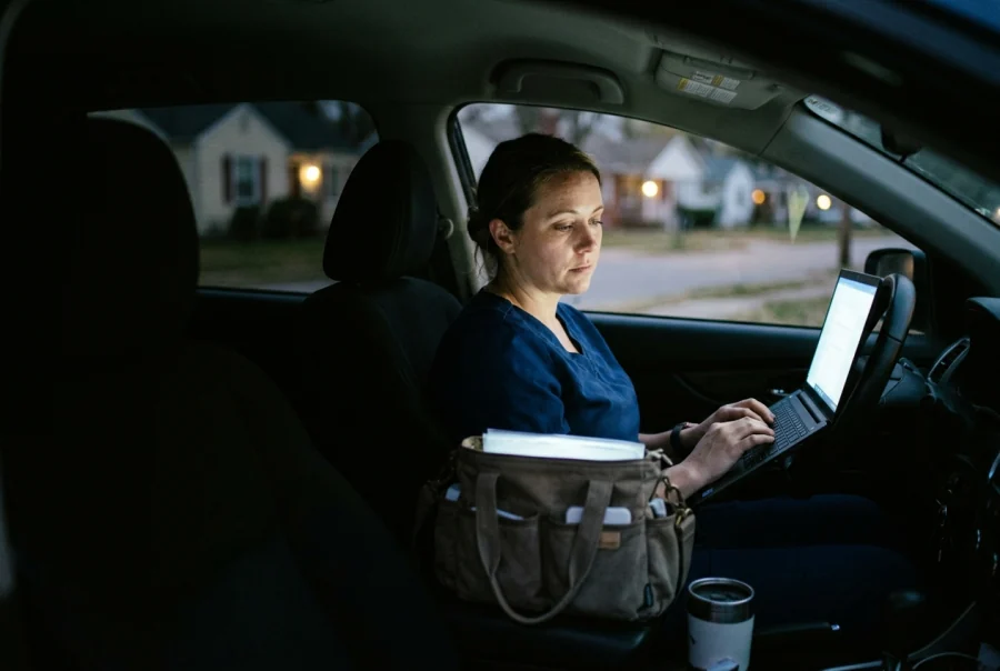 A visiting nurse parked outside a house at dusk, writing the visit note on a laptop propped against the steering wheel, her work bag on the passenger seat.