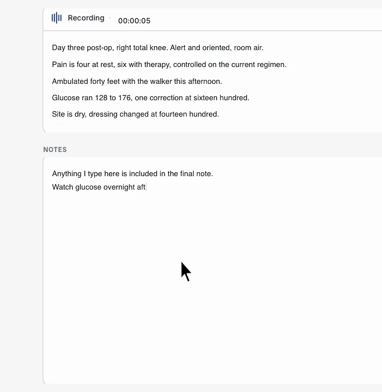 ClinicFrame recording a nursing assessment, with the live transcript showing day three post-operative status, pain scores and glucose readings, and a free-text notes field below it.