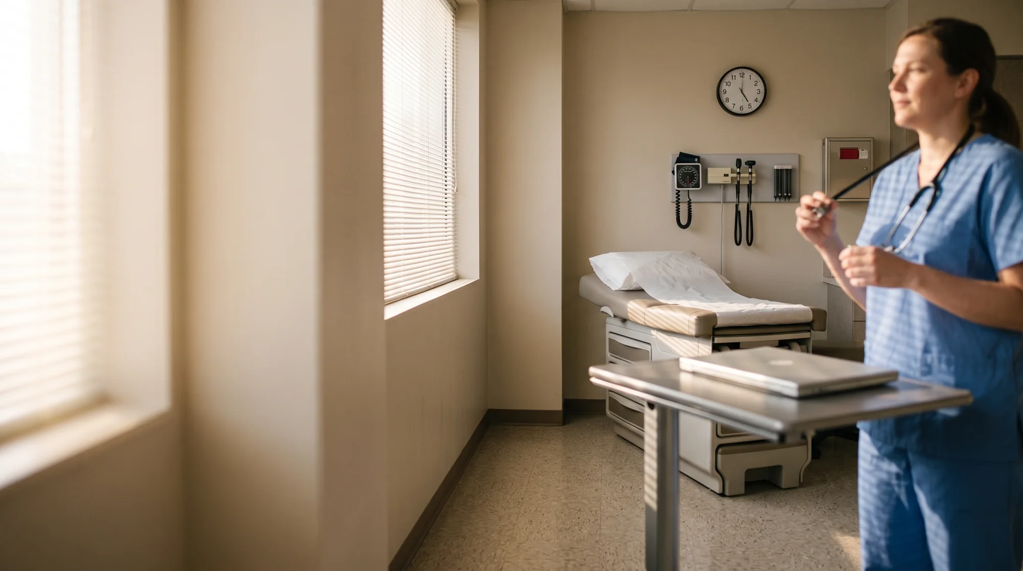 A nurse in scrubs standing by the window of an empty exam room at the end of her shift, pen in hand, the exam table made up and the wall clock behind her.