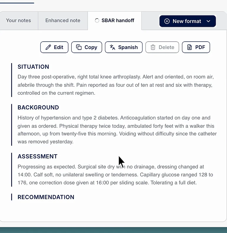 The finished SBAR handoff in ClinicFrame with situation, background, assessment and recommendation drafted from the shift, and the format tab set to SBAR handoff.