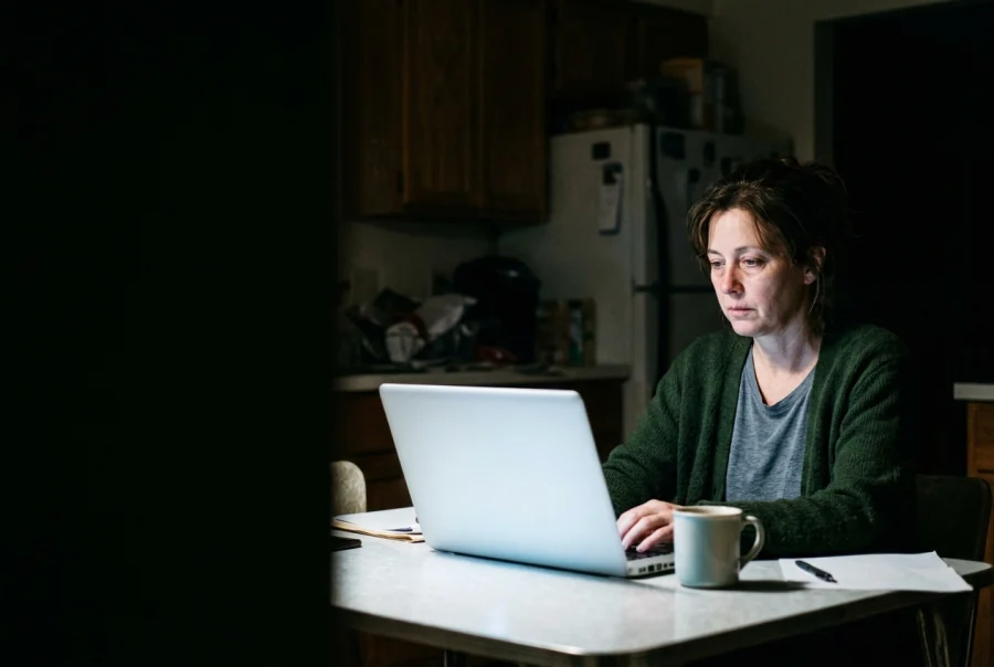 A psychiatrist at her kitchen table at night, still writing visit notes on a laptop, a mug and a stack of paper beside her and the rest of the house dark.