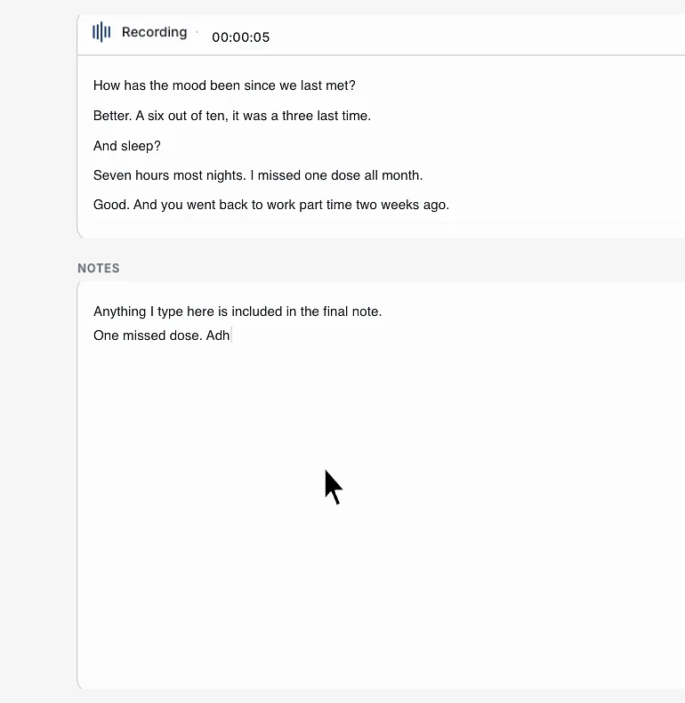 ClinicFrame recording a psychiatry visit, with the live transcript showing the patient reporting improved mood and consolidated sleep, and a free-text notes field below it.