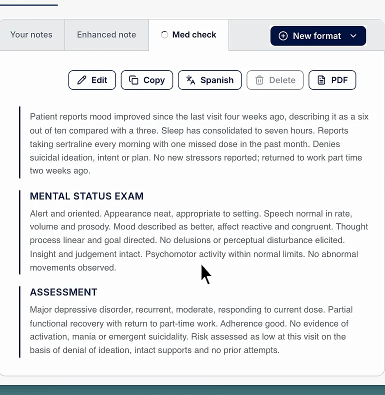 The finished med check note in ClinicFrame with a mental status exam and assessment written from the visit, and the format tab set to Med check.