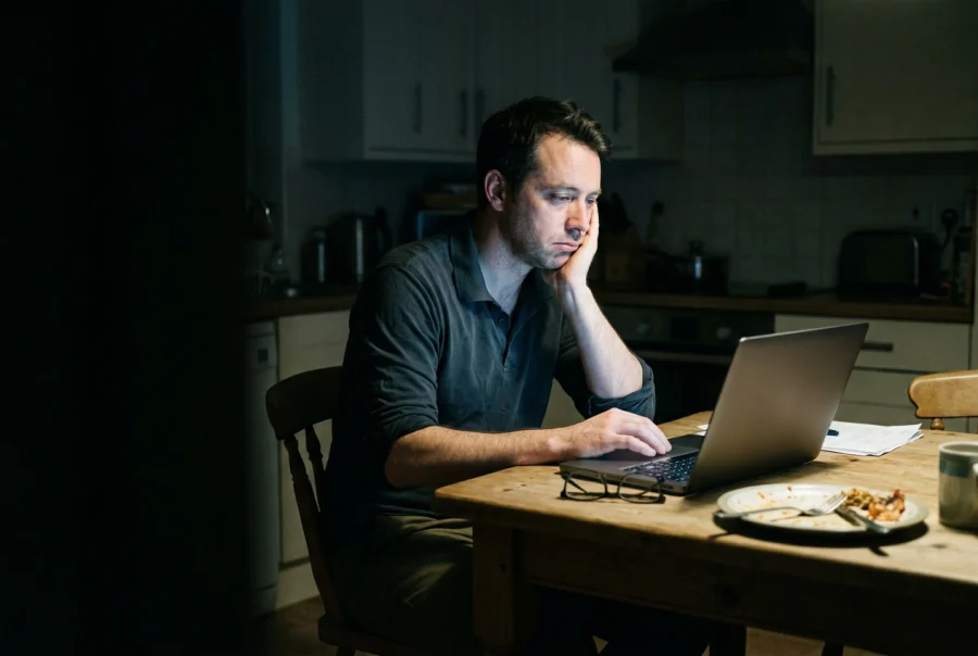 A physical therapist at his kitchen table late at night, head resting on one hand, finishing daily notes on a laptop next to a half-eaten plate of dinner.
