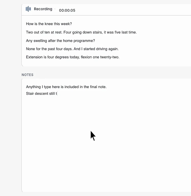 ClinicFrame recording a physical therapy visit, with the live transcript showing range of motion in degrees and manual muscle test grades called out, and a free-text notes field below it.