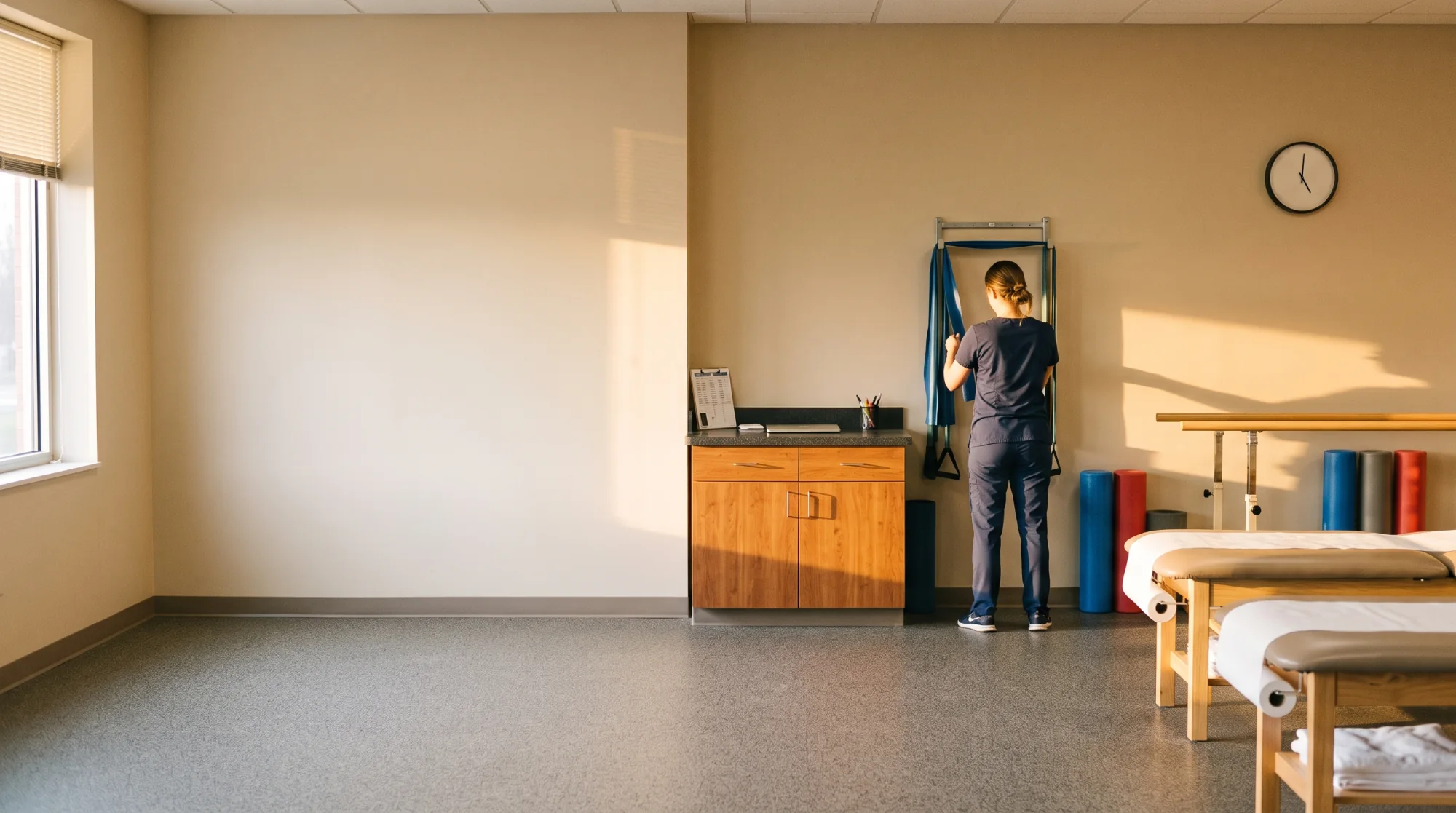 A physical therapist alone in the rehab gym after the last patient, facing the wall with a resistance band, the treatment table and foam rollers unused behind her.