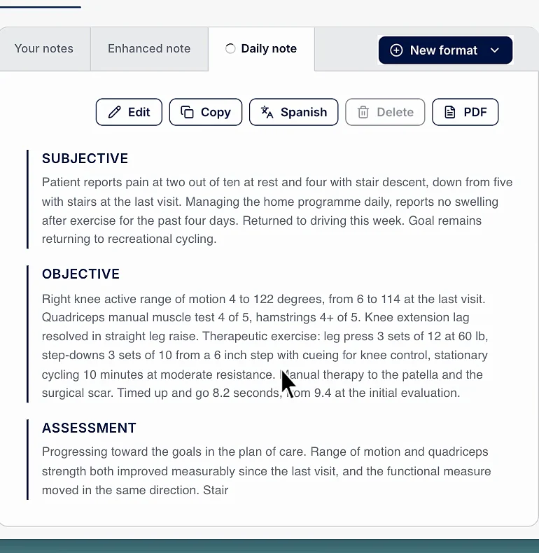The finished PT daily note in ClinicFrame with subjective report, objective measurements and assessment against the plan of care, and the format tab set to Daily note.