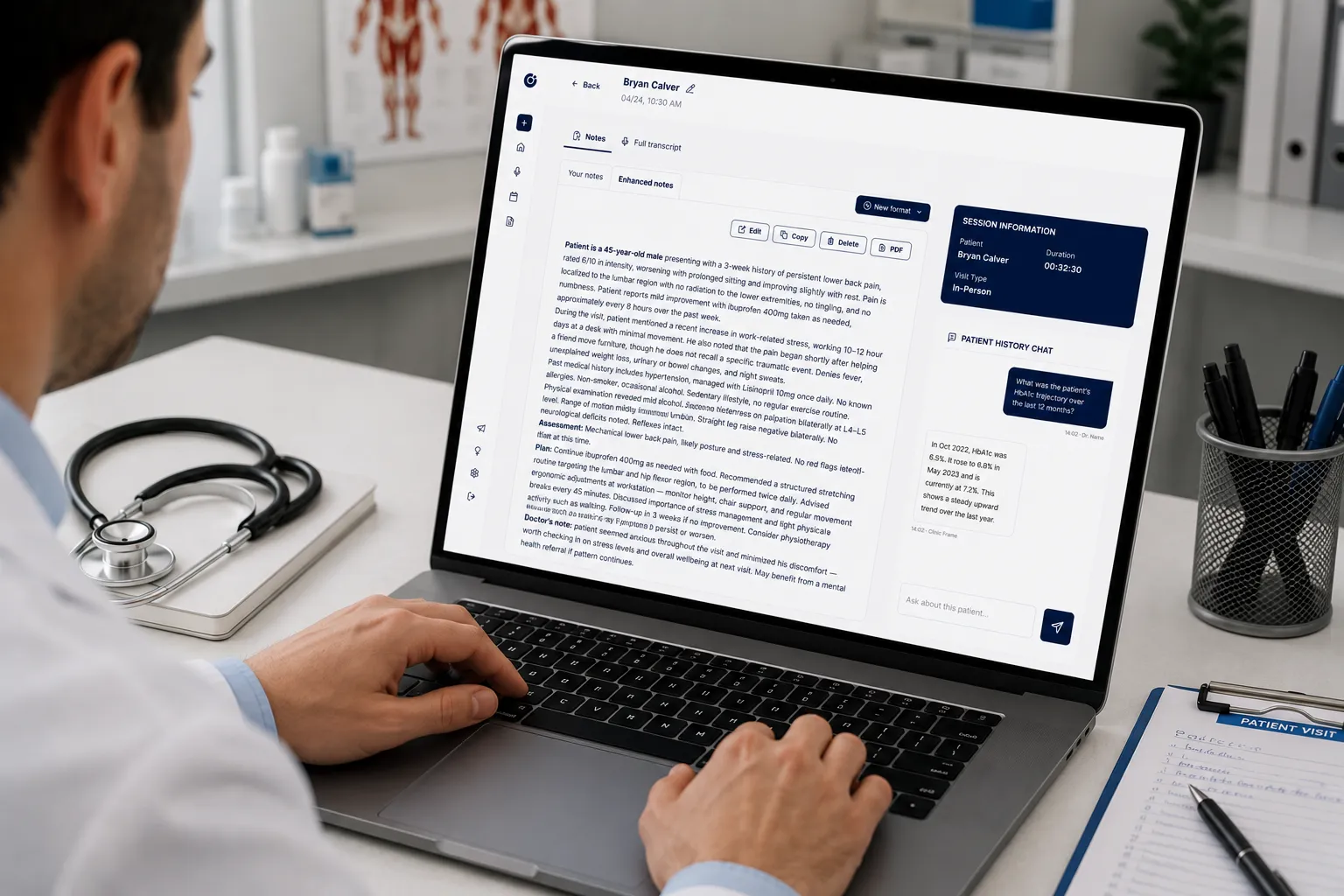 A clinician reviewing the ClinicFrame enhanced note on a laptop after the visit.