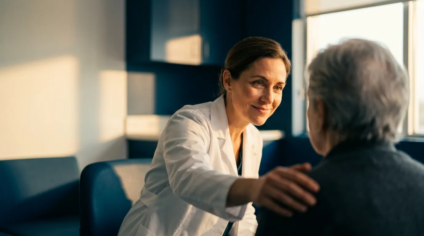 A clinician giving full attention to a patient during an in-person visit while ClinicFrame listens.
