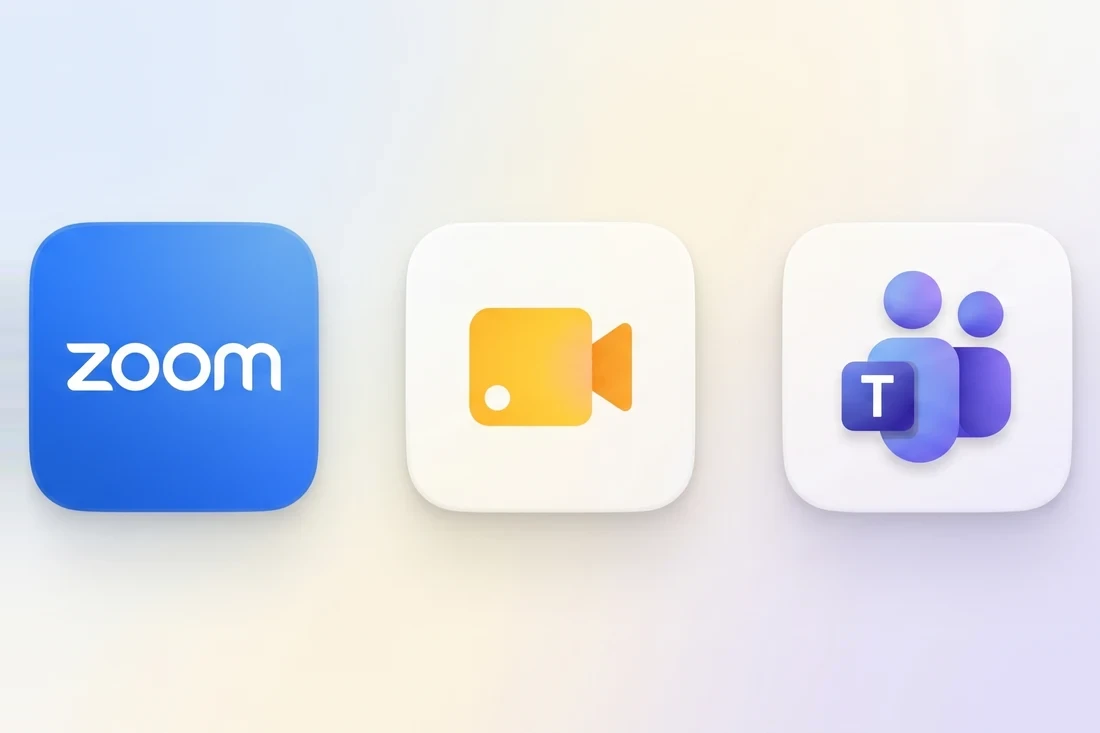 App icons for Zoom, video calls, and Microsoft Teams.