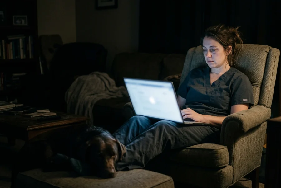 A veterinarian in scrubs writing records on a laptop from an armchair at night, her own dog asleep on the ottoman in front of her, the room lit only by the screen.