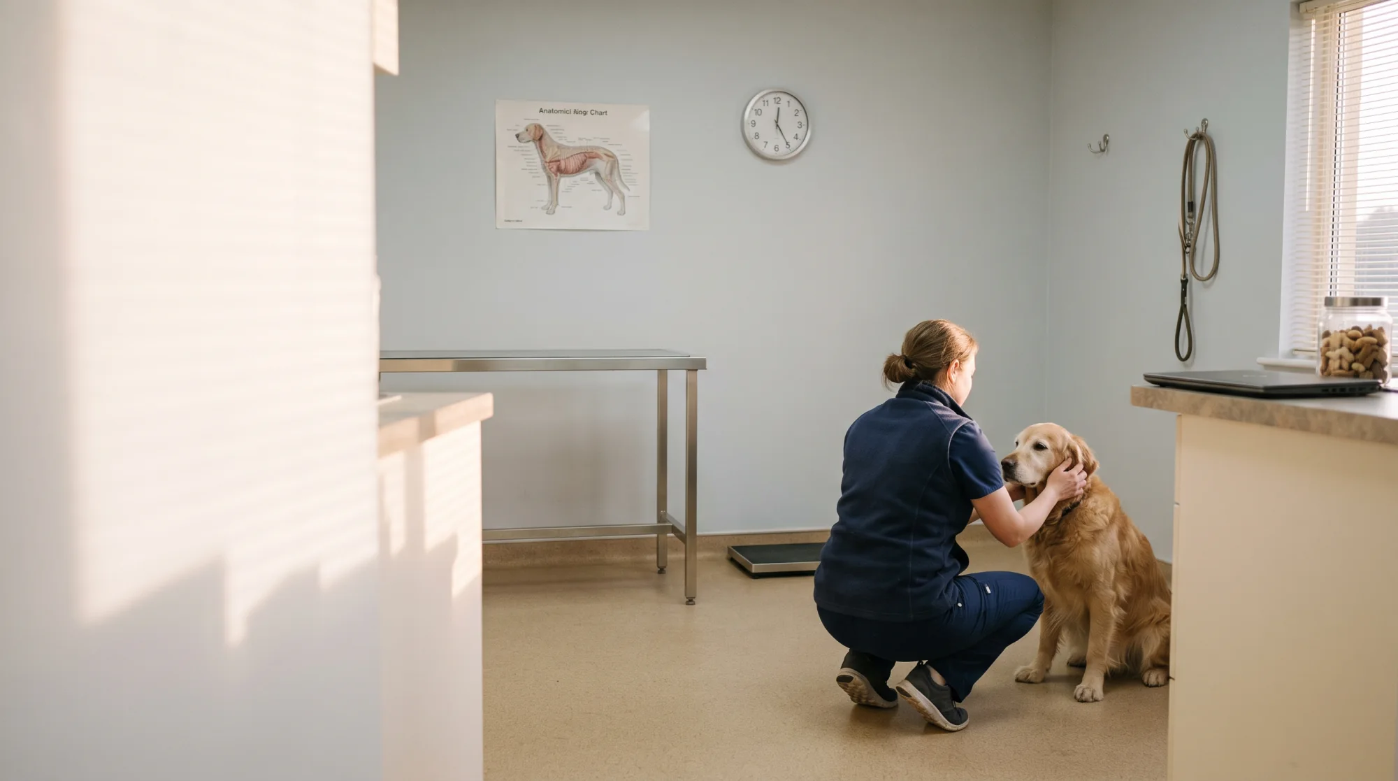 A veterinarian crouched beside a golden retriever in the exam room, a hand on the dog's head, the stainless table clear and the wall clock past the end of the day.