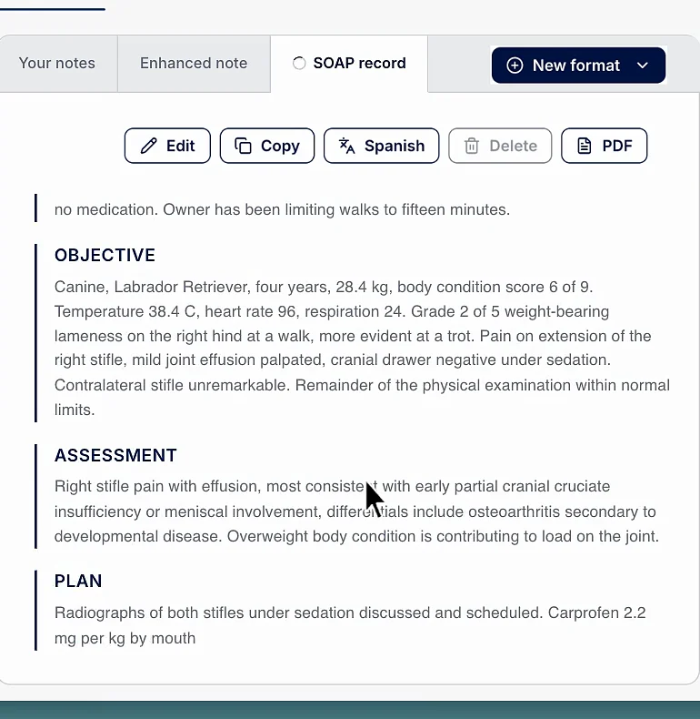 The finished veterinary SOAP record in ClinicFrame for a canine patient, with objective findings, assessment and plan including weight-based dosing, and the format tab set to SOAP record.